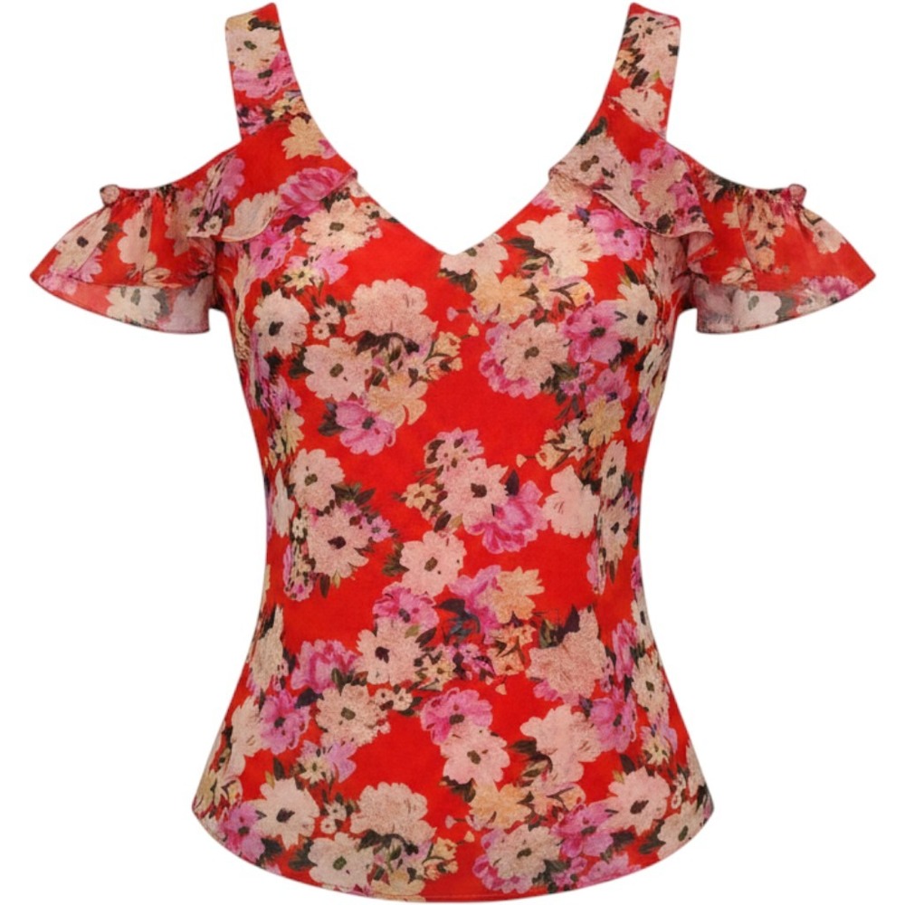 Cabi M Cold Shoulder Ruffle Floral Top Women's Orange Excellent‎
